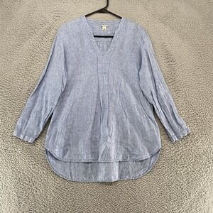 L.L. Bean Linen Tunic Top Womens M Petite Popover Blue V Neck Long Sleeve Shirt